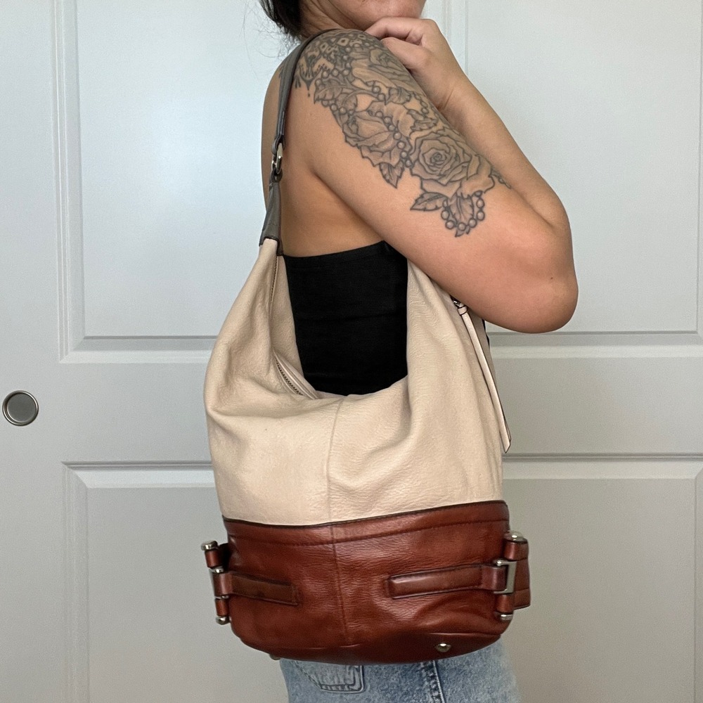 Hobo Bag Womens Large Cream Brown Taupe Colorblock Leather Buckle Detail